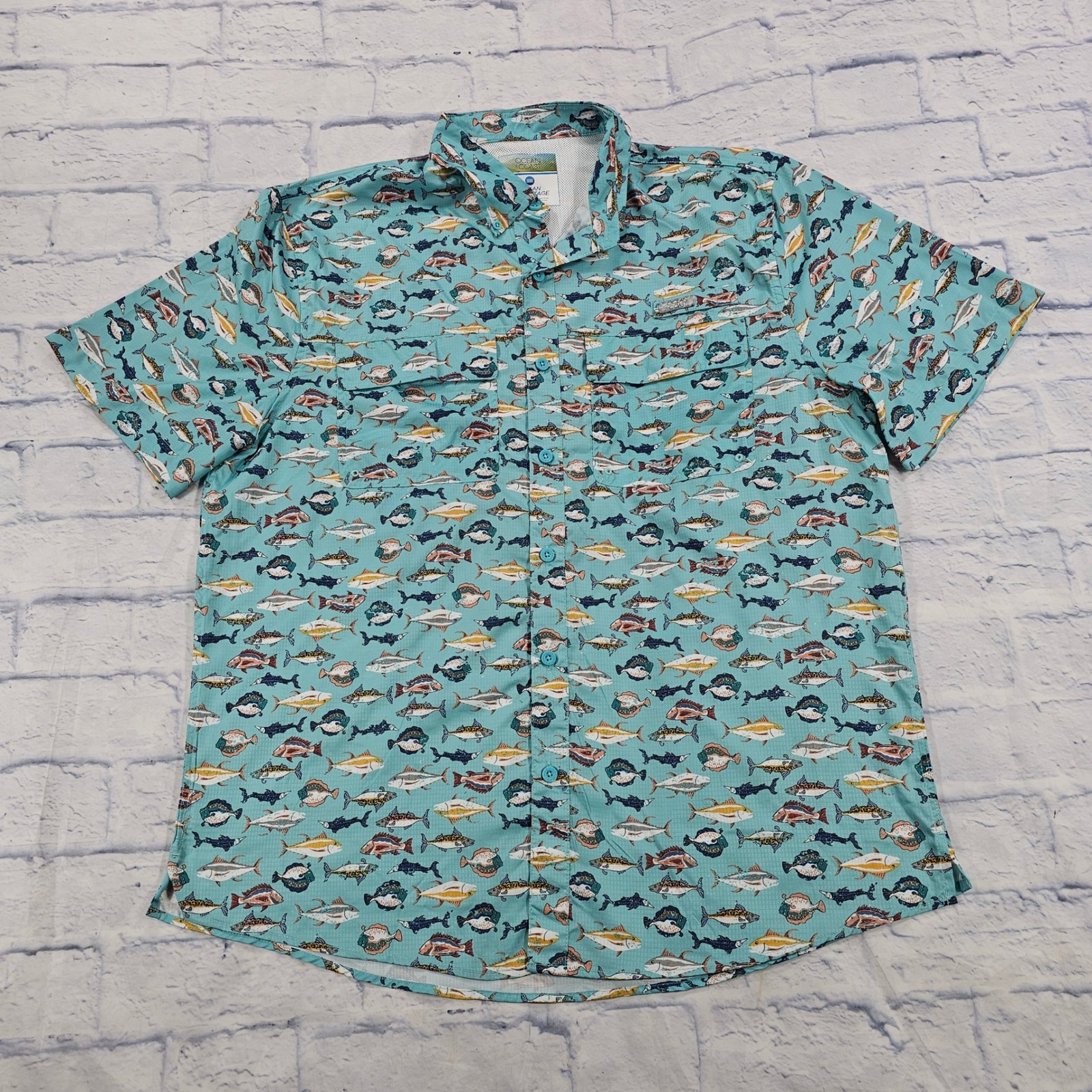 Ocean Coast Fishing Shirt Mens L Teal Fish Print Short Sleeve Vented Performance